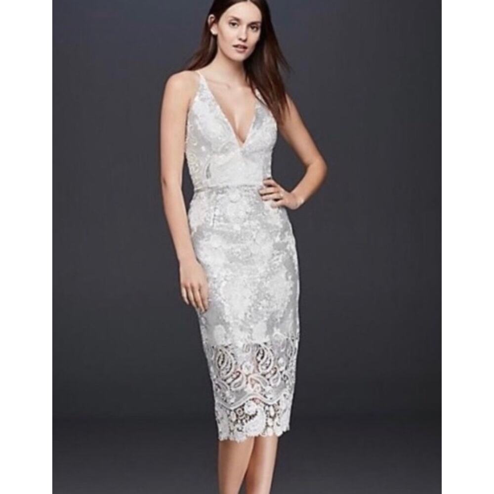 Dress the Population Dress Silver White Sequin Lace Midi Angela sz XS